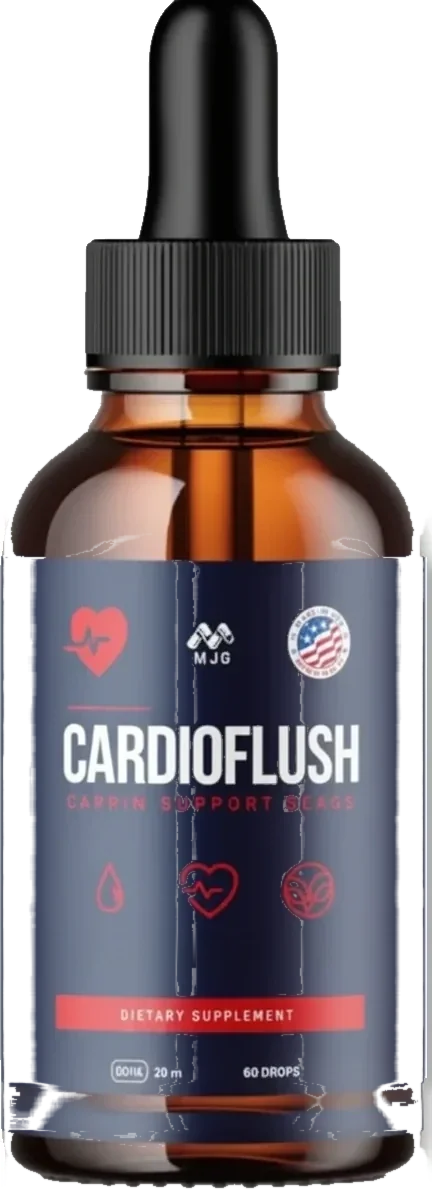 CardioFlush amber glass dropper bottle with a black dropper cap and a dark blue label